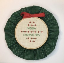 Merry Christmas Holiday Finished Cross Stitch Piece Round Red and Green - £18.19 GBP
