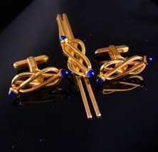Love knot cufflinks / Gold Cufflinks / Vintage blue jewel ends / tuxedo set / 4t - £153.39 GBP