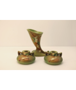 Roseville Pottery Green Snowberry Candlestick Holders and Cornucopia Vase - $79.19