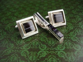 Tuxedo Cufflinks / polished banded agate / silver tie clip set / Foster Sleeve A - £129.84 GBP