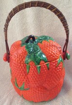 Vintage Strawberry Biscuit Cookie Jar W/ Wicker Handle Japan Pottery Red Orange - £51.59 GBP