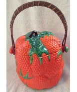 Vintage Strawberry Biscuit Cookie Jar W/ Wicker Handle Japan Pottery Red... - £51.43 GBP