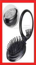 Hair Shimmering Compact Travel Brush Folding With Mirror &amp; Rhinestones ~Black~ - £11.82 GBP
