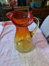 Antique 8.5&quot; Tall Amberina Crackle Glass Pitcher w/ Ruffled Top &amp; Pinched Spout - £23.73 GBP