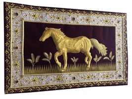 Horse Art Wall Hanging Interior Golden Wires Zardosi Jeweled Persian Decor - $541.99+