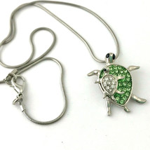 Sea Turtle with Baby Pendant Necklace, Green and Clear Stones - £6.10 GBP