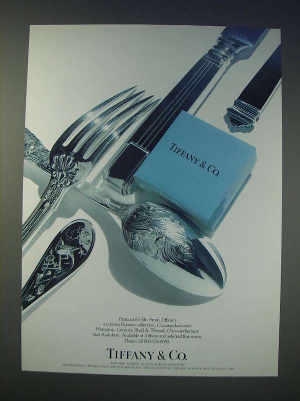 1989 Tiffany & Co. Flatware Ad - Hampton, Century, Shell & Thread, Audubon  - $18.49