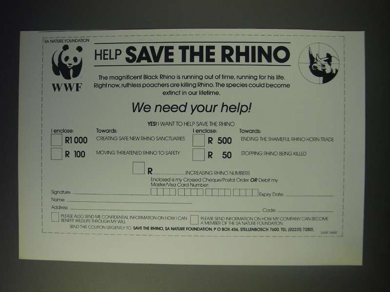 1989 World Wildlife Fund Ad - Help save the Rhino - $18.49