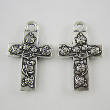 Pack of 100 Religious Antique Silver Flower Pattern Christian Cross Pend... - $26.68