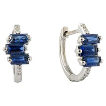 Small Sapphire Diamond Huggie Hoop Earrings in 18kt Solid White Gold For Her - £754.90 GBP