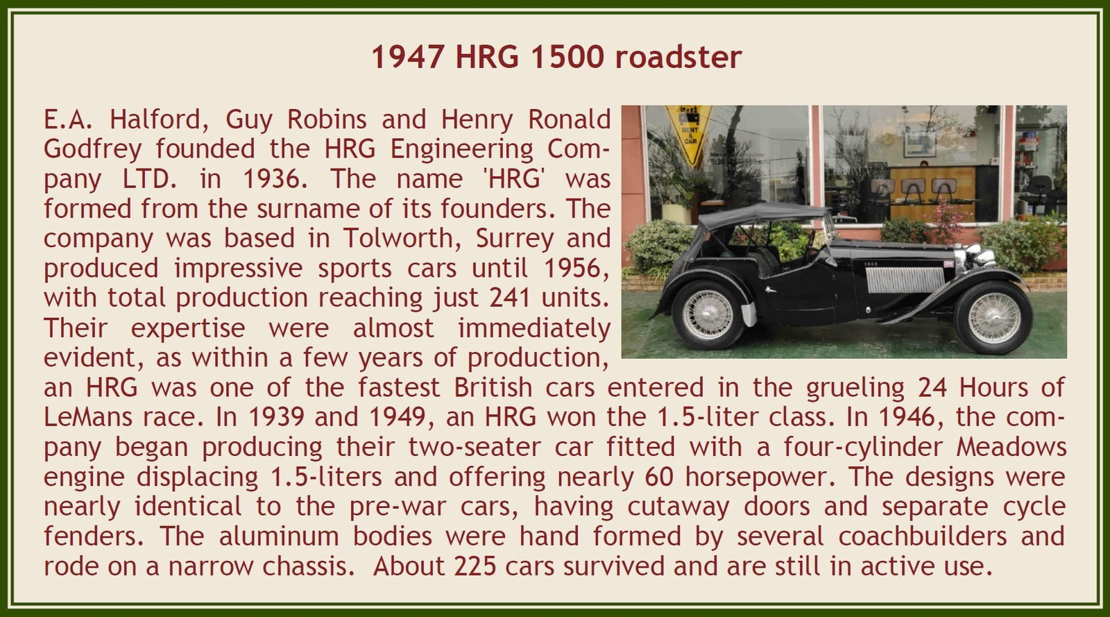Miniature H.R.G. 1500 Sport Roadster 1947 - Vert - Résine 1/43 Par ESVAL MODELS - Neuve