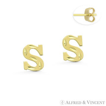 Initial Letter &quot;S&quot; Petite Baby Stud 14k Yellow Gold Stamping Push-Back Earrings - £55.65 GBP