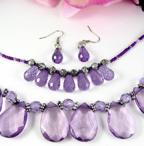 Purple Teardrop Beaded 2 Strand Necklace Vintage Pierced Earrings Set Rose Beads - $18.80