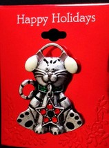 Kitty Cat Brooch Pin Christmas Happy Holidays Kitten w Green Collar Star NEW - £5.53 GBP