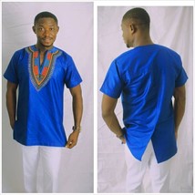 Blue Men&#39;s Dashiki Short Sleeve Shirt African Clothing Men&#39;s Wear - $50.00+