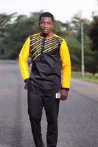 Yellow and Black Men&#39;s Long Sleeves Shirt and Pants African Clothing Men... - $85.00+