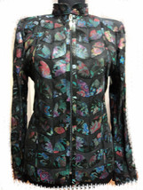 Flower Pattern Black Leather Leaf Jacket Women All Sizes Genuine Zip Lig... - $225.00