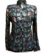 Flower Pattern Black Leather Leaf Jacket Women All Sizes Genuine Zip Lig... - £179.20 GBP