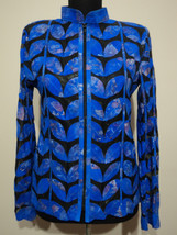 Flower Pattern Blue Leather Leaf Jacket Women All Sizes Genuine Zipper L... - £176.99 GBP