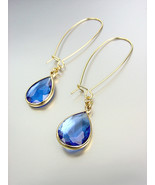 GORGEOUS Urban Anthropologie Blue Sapphire Crystal Gold Wire Dangle Earr... - £13.66 GBP