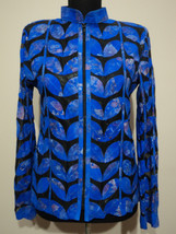 Plus Size Flower Pattern Blue Leather Leaf Jacket Women All Sizes Genuin... - $225.00