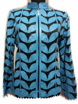 Plus Size Light Blue Leather Leaf Jacket Women All Colours Sizes Genuine... - $225.00