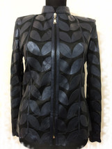 Plus Size Navy Blue Leather Leaf Jacket Women All Colors Sizes Genuine Zipper D1 - £178.30 GBP