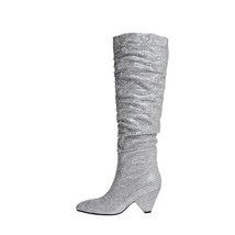 New Crystal Shoes Woman Pointed Toe Over Knee High Boots Sexy Rhinestone Chunky  - £146.61 GBP