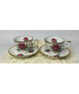 Two Ucago Japan Vintage Porcelain Tea Cup Saucers Painted Pink Floral Go... - $44.54