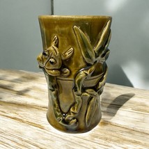 Vintage Art Pottery Green Majolica Style Vase W/ Bamboo And Frog Signed ... - $54.20 CAD