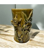 Vintage Art Pottery Green Majolica Style Vase W/ Bamboo And Frog Signed ... - $54.25 CAD