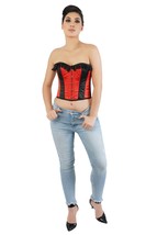 Red and Black Satin Corset with Frill Valentine Costume High-Waist Overbust Bust - £76.71 GBP