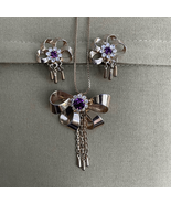 Vintage 4pc Gold Purple Rhinestone Brooch Pin Necklace Earrings Screw Back - $602.64 MXN