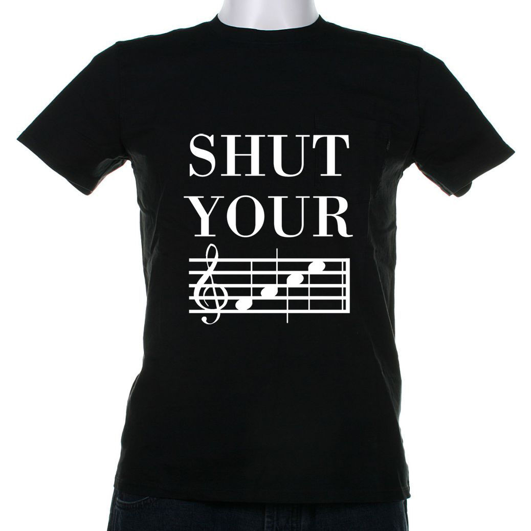 Shut Your Face Musician T Shirt Funny Notes Guitar Bass Drums - $17.64