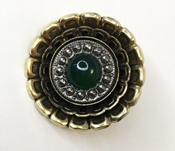 Signed Freirich Gold Tone Brooch Pin Green Cabochon &amp; Faux Marcasite Ornate Vtg - £31.31 GBP