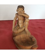 Art Craved Wood  Tribal Man With Leaf Bowl &amp; Hand Over Mouth Ashtray - £25.70 GBP