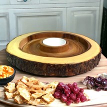 Handmade Acacia Bark Round Dipping Tray w/Ceramic White Bowl Rustic 15.7... - £19.45 GBP