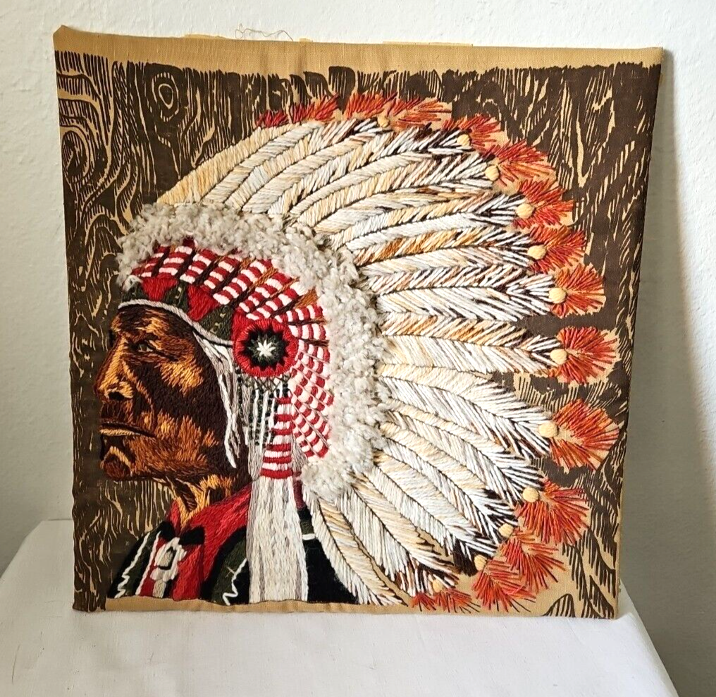 Columbia Minerva Crewel Embroidery Erica Wilson Cheyenne Chief Completed Work - $39.58
