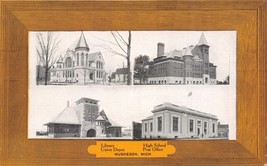 Muskegon MI~LIBRARY-RAILROAD DEPOT-SCHOOL-POST--LUXATONE Publ Postcard 1910s - £5.02 GBP