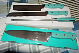 Htf 4 Pc Pioneer Woman Aqua Blue Knife Set Carving W/ Knife Sharpener Bread - £15.81 GBP
