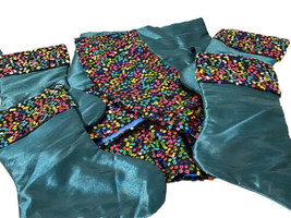 Holiday Tree Skirt W 4 Matching Stockings Teal Satin W Square Multicolor Sequins - £35.35 GBP