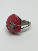 Vintage Sterling Silver 925 Carved Coral Rose Butterfly Ring Size 6.5 - £39.31 GBP