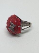 Vintage Sterling Silver 925 Carved Coral Rose Butterfly Ring Size 6.5 - $49.99