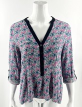 Vanessa Virginia Anthropologie Top Size 14 Blue Pink Tiger Print Roll Tab Sleeve - £26.39 GBP