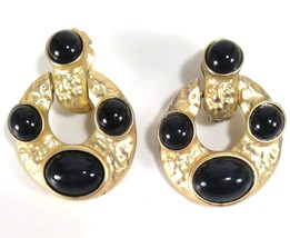 Kenneth Lane Vintage Clip-On Dangle Earrings Chunky Gold and Black Disc Hoop 2&quot;L - $26.55