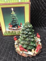 Vintage Christmas Tree Woodland Pillar Candle And Holder Cardinals Birds W/ Box - £6.20 GBP