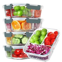 Glass Meal Prep Containers 3 Compartment With Lids, 5 Pack 36 Oz, Airtight Food  - £43.95 GBP