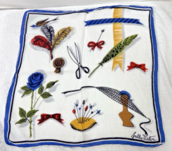 Vintage Cotton Hankie Sally Victor Feathers Pincushion Blue Rose Scissor... - $14.65 CAD