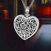 Rose Flower Heart Urn Necklace 925 Sterling Silver Rose Flower Pendant Necklace  - $138.00