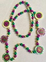 Mardi Gras Bead Necklace 6 Coin Shaped Emblems Gold Green Purple 21 Inches - £16.71 GBP